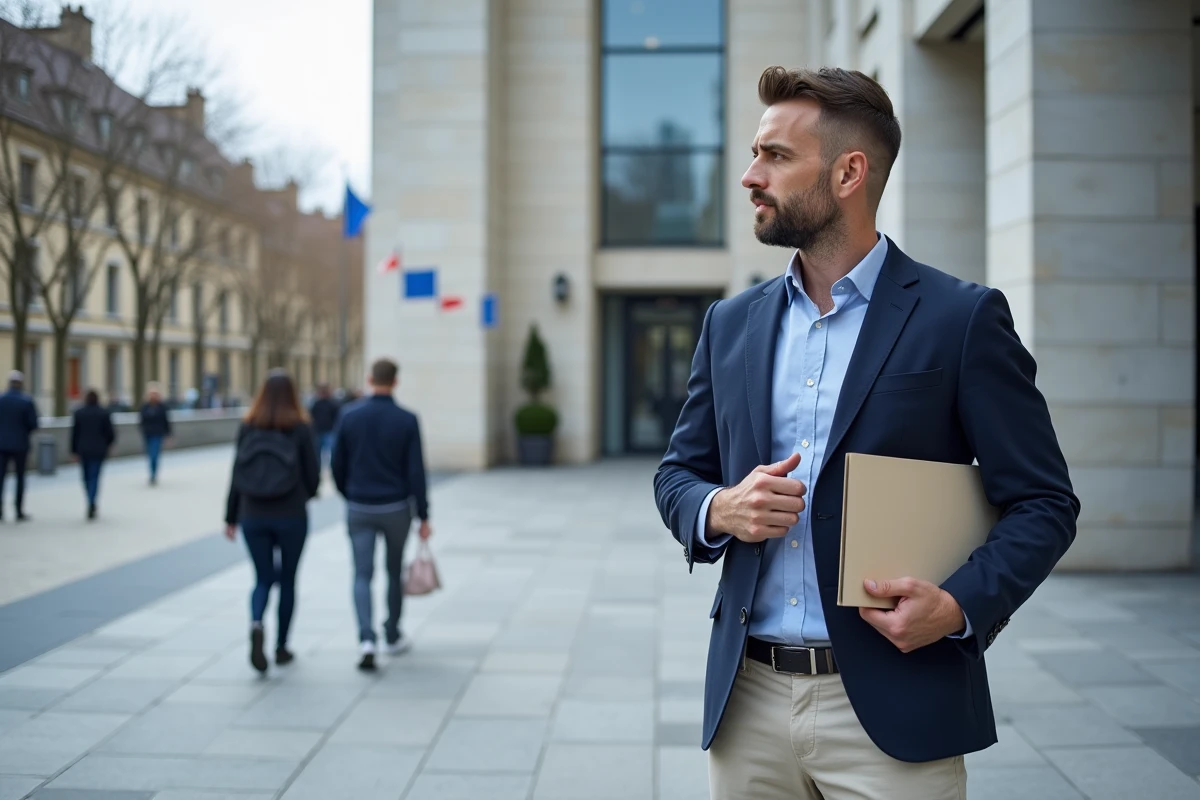 Homme en blazer devant un bâtiment administratif à Luxembourg pour obtenir le prix camel en 2026