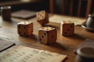 Trois dés en bois lancés sur une table de taverne rustique pour une partie de 421, avec feuille de score manuscrite