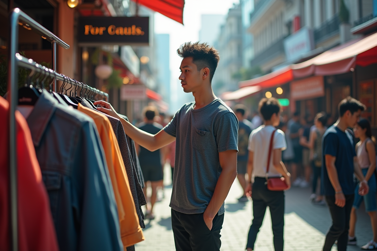 Jeune designer mode examinant vêtements innovants en marché urbain