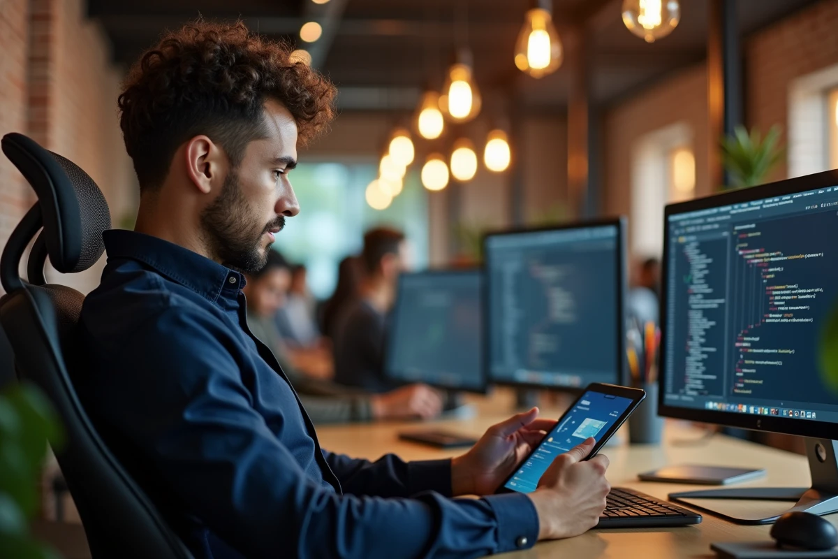 Développeur en espace de coworking utilisant une tablette pour gérer ses alertes de bons plans tech de façon organisée