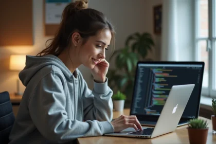 Développeuse web détendue consultant son téléphone pour des alertes de codes promo sans interrompre son travail de codage