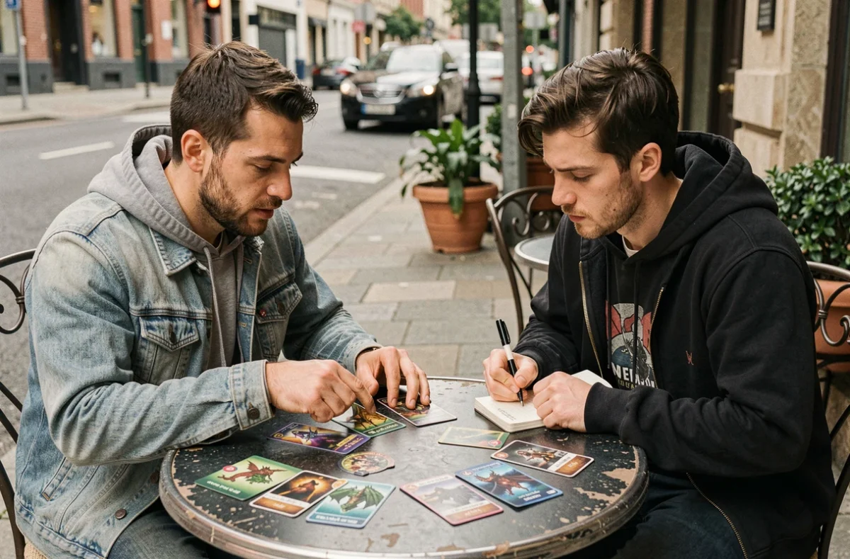 Deux joueurs adultes discutant de stratégies contre le type Dragon autour de cartes de jeu dans un café en plein air