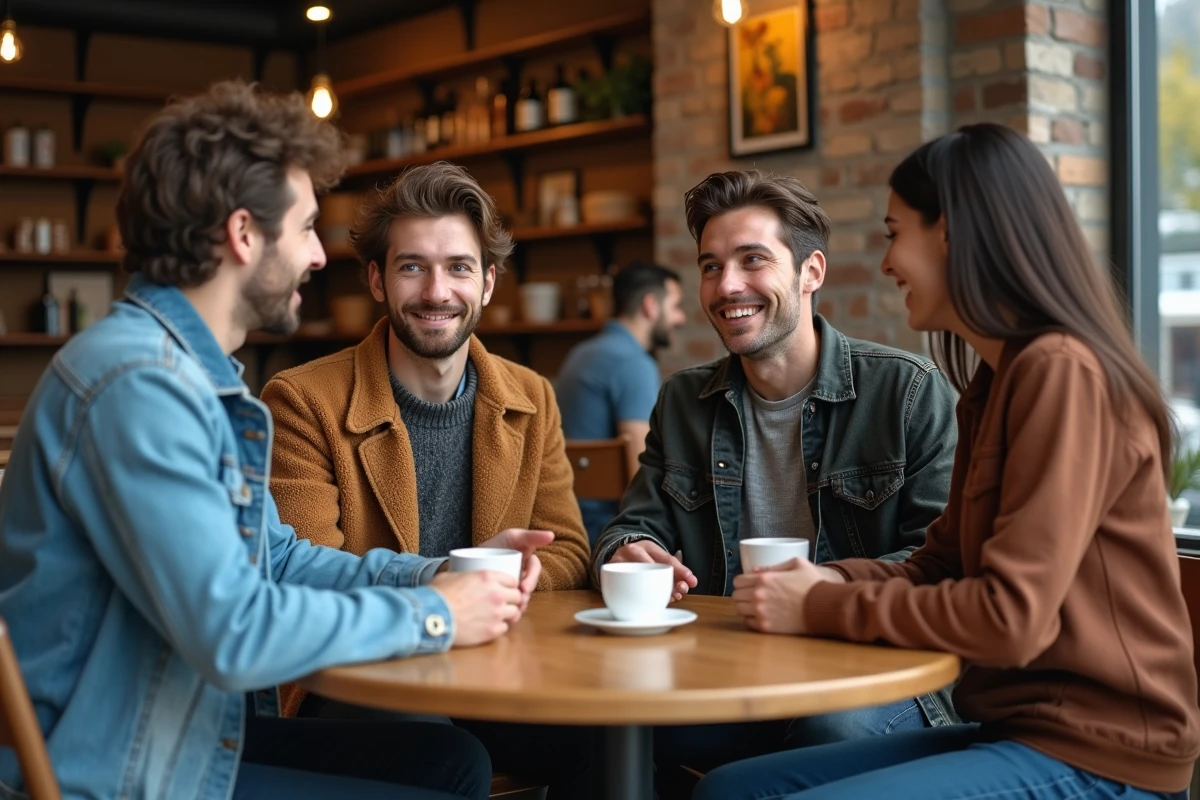 Groupe d'adultes aux yeux de couleurs différentes réunis dans un café urbain, illustrant la diversité mondiale de la couleur des yeux selon les origines géographiques et ethniques