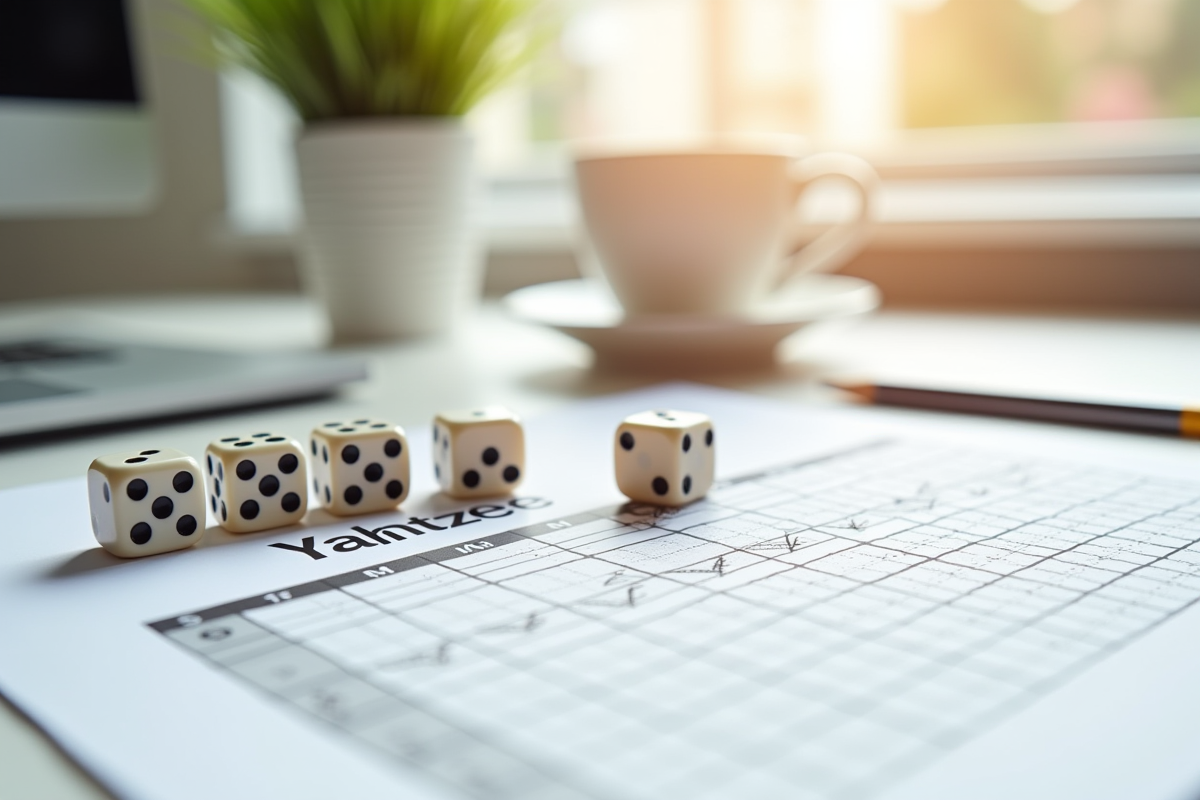 Détails des dés et fiche de score pour le jeu de Yahtzee