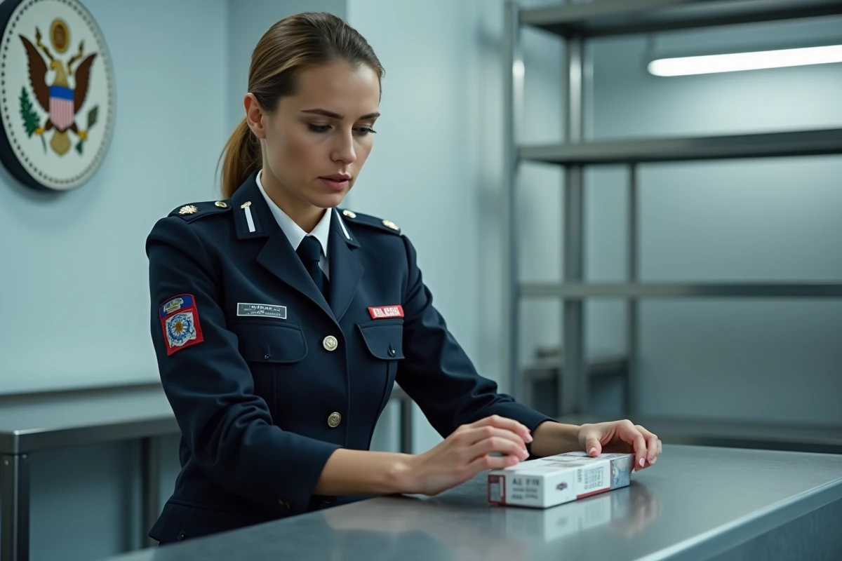 Douanière inspectant un cartouche de cigarettes au poste de contrôle douanier