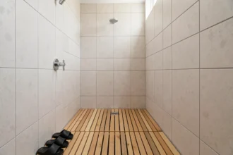 Douche collective propre avec sandales de douche posées au mur
