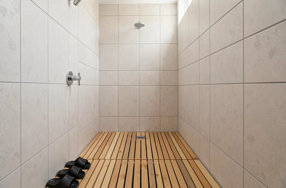 Douche collective propre avec sandales de douche posées au mur