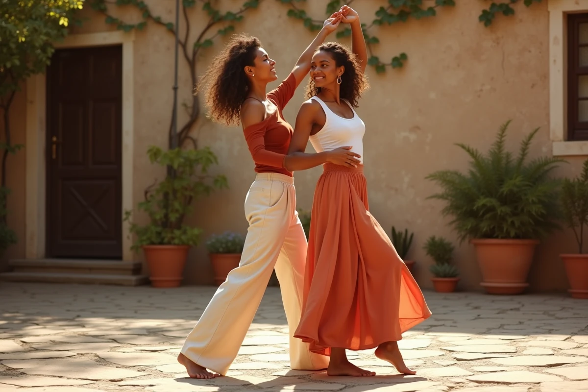 Deux femmes dansant le zouk en plein air dans une cour pavée, posture féminine et connexion entre danseuses