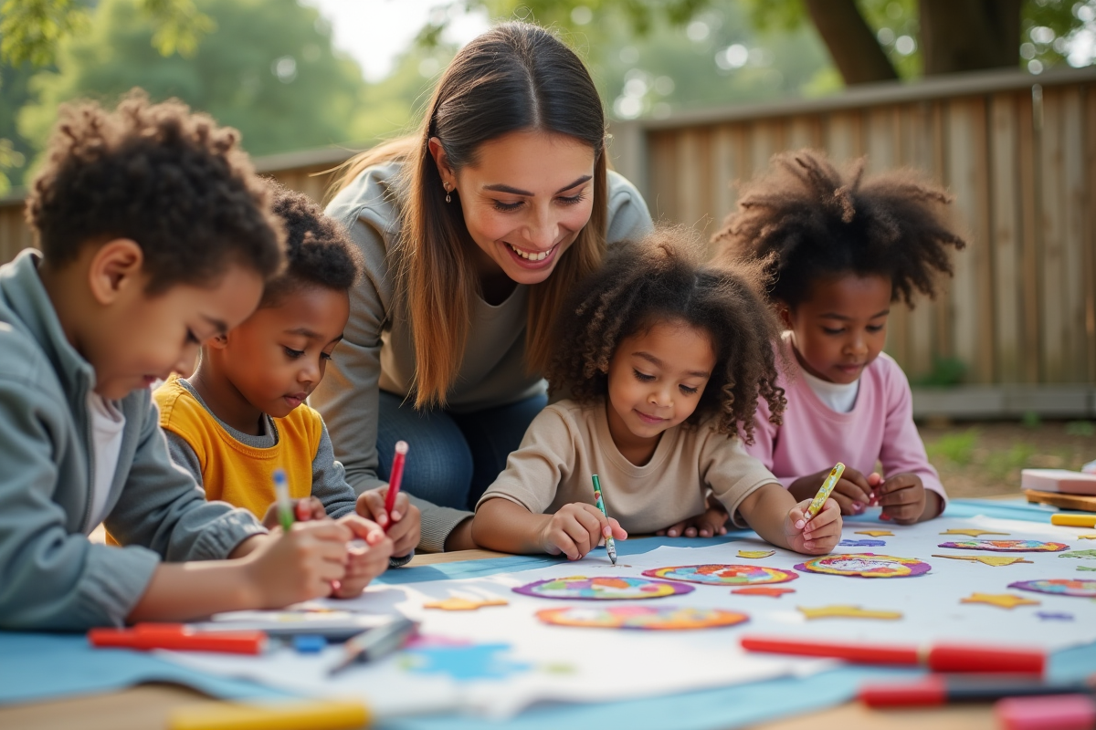 Éducatrice aidant des enfants à réaliser un mural en extérieur