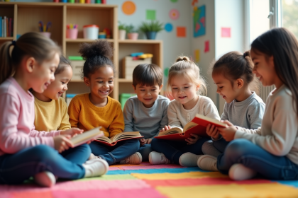 Groupe d'enfants de maternelle assis en cercle dans une classe colorée