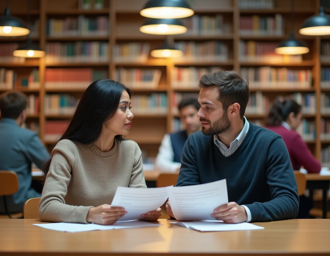 Deux candidats à la naturalisation française s'entraînant ensemble à répondre aux 200 questions d'entretien dans une bibliothèque publique