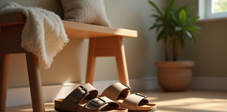 Entrée lumineuse avec sandales Scholl et Birkenstock sur un banc en bois