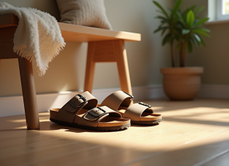 Entrée lumineuse avec sandales Scholl et Birkenstock sur un banc en bois