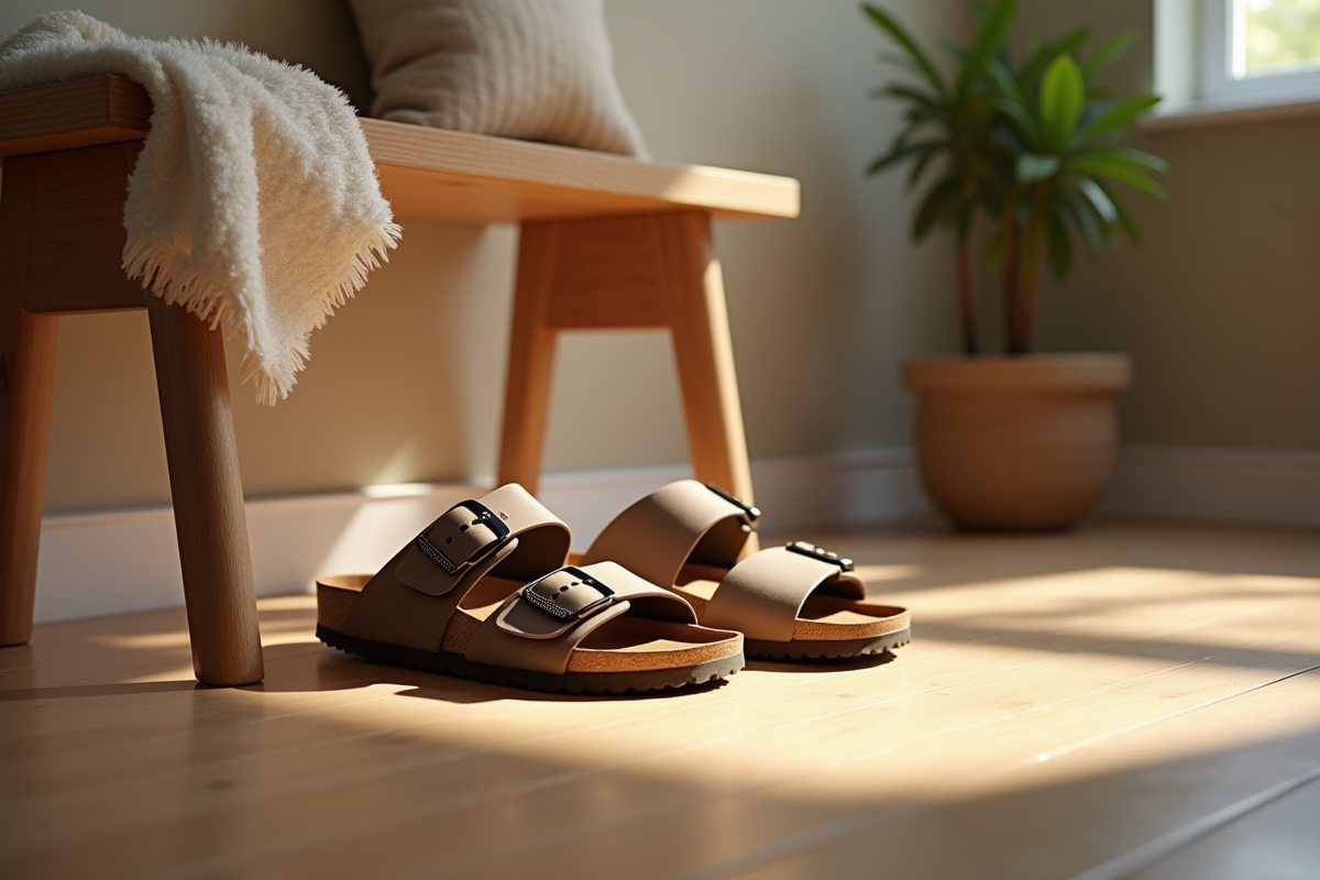 Entrée lumineuse avec sandales Scholl et Birkenstock sur un banc en bois