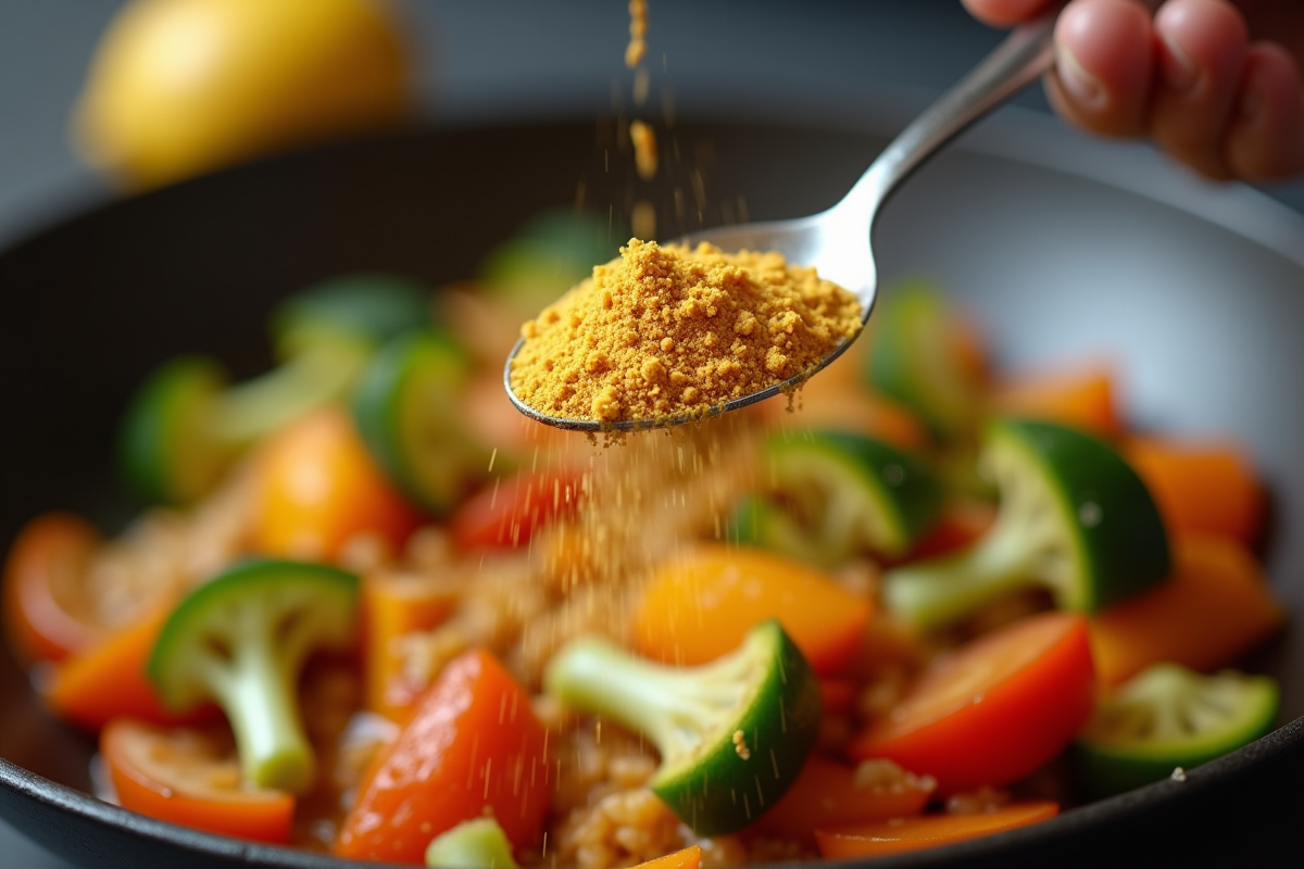 Cuillère de levure en poudre saupoudrée sur un stirfry de légumes colorés