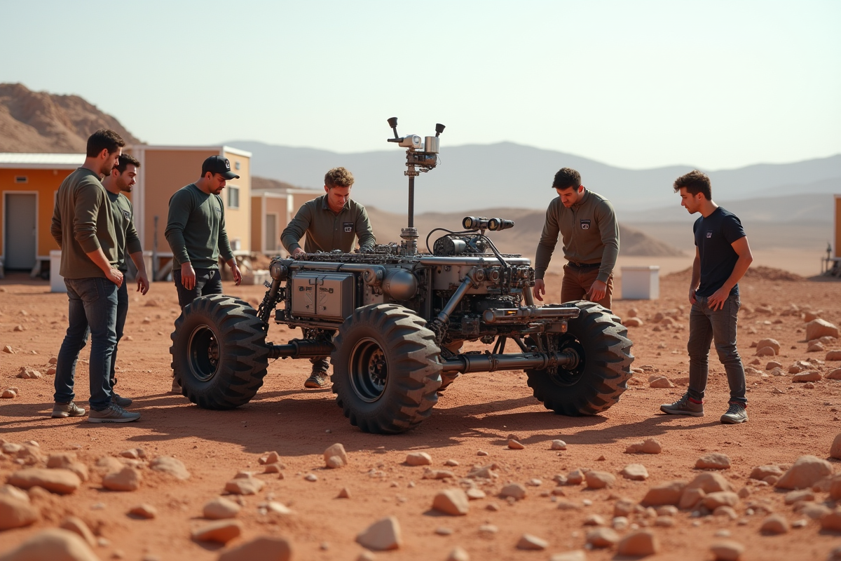 Jeunes ingénieurs assemblant un rover sur terrain martien
