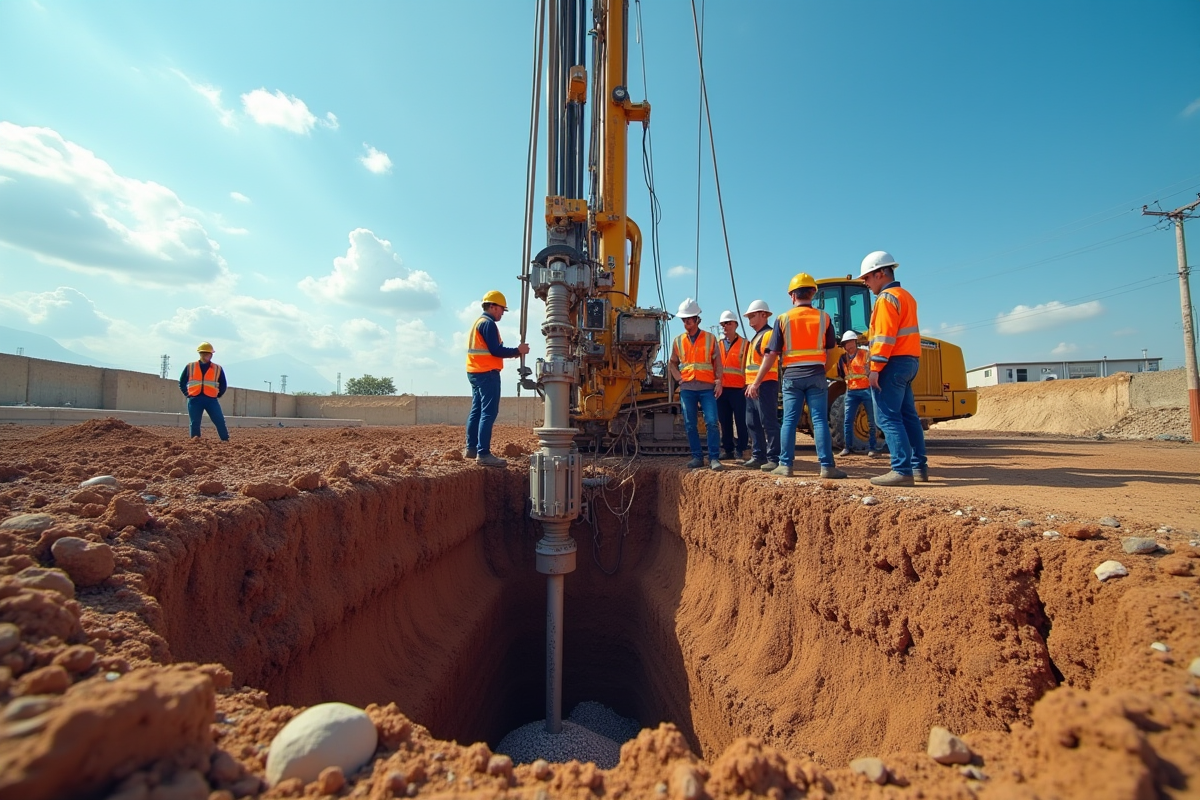 Équipe d'ingénieurs sur un chantier avec foreuse géotechnique