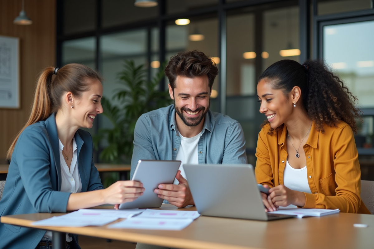 Equipe de professionnels fintech collaborant en coworking