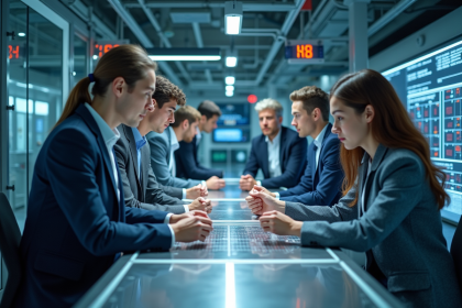 Groupe d'ingénieurs travaillant autour d'un ordinateur quantique moderne
