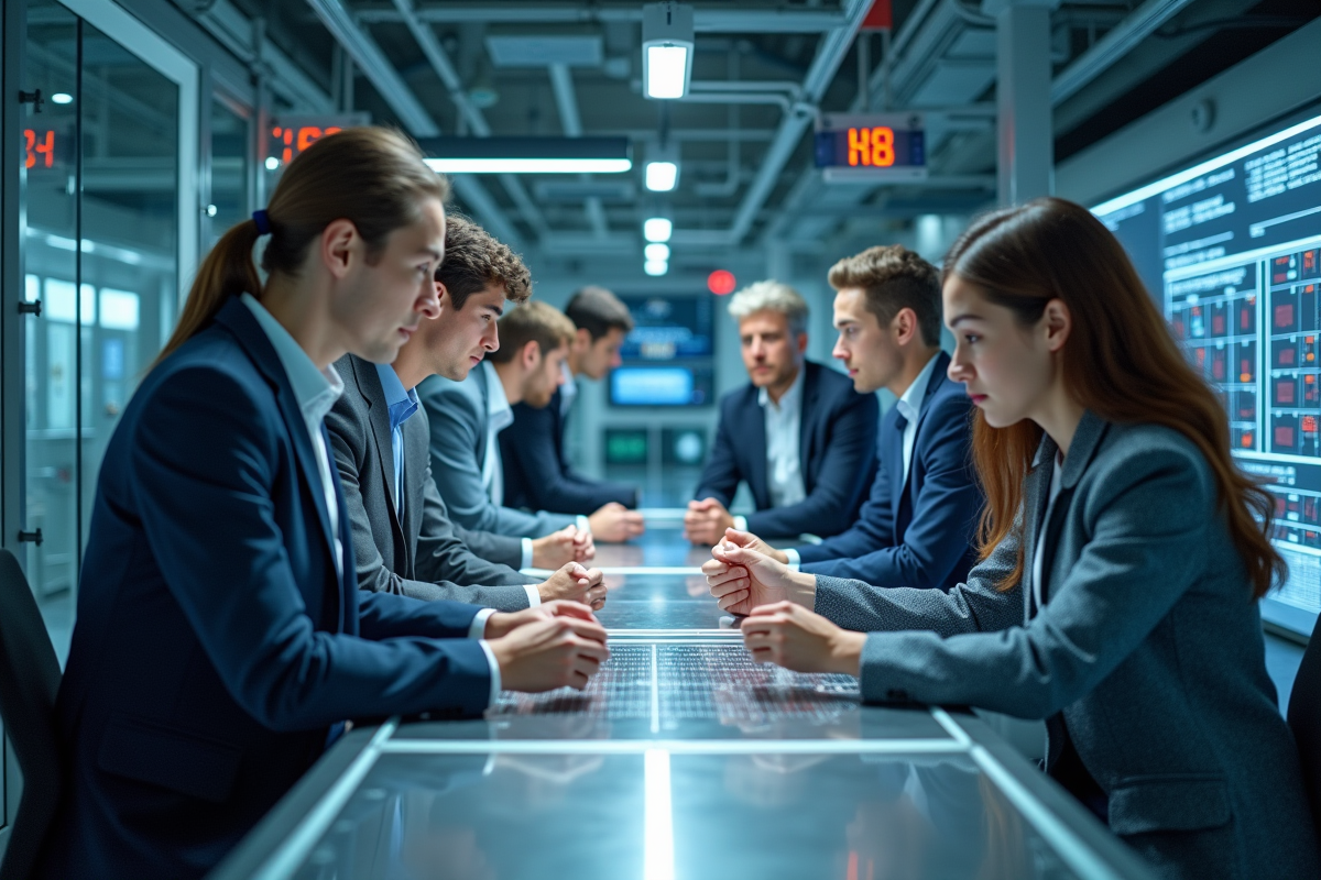 Groupe d'ingénieurs travaillant autour d'un ordinateur quantique moderne