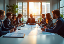 Équipe professionnelle dans un bureau lumineux collaborant