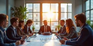 Équipe professionnelle dans un bureau lumineux collaborant