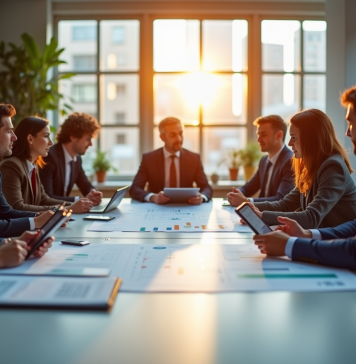 Équipe professionnelle dans un bureau lumineux collaborant