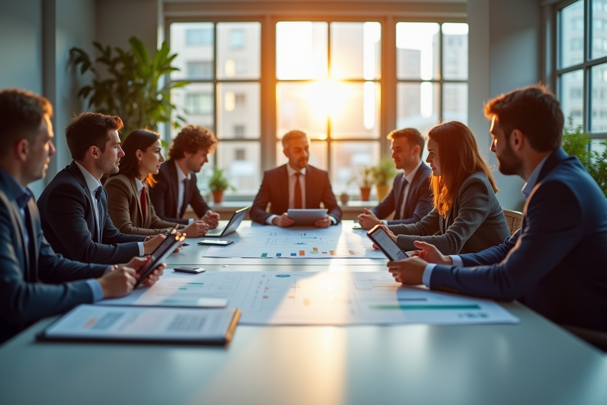 Équipe professionnelle dans un bureau lumineux collaborant