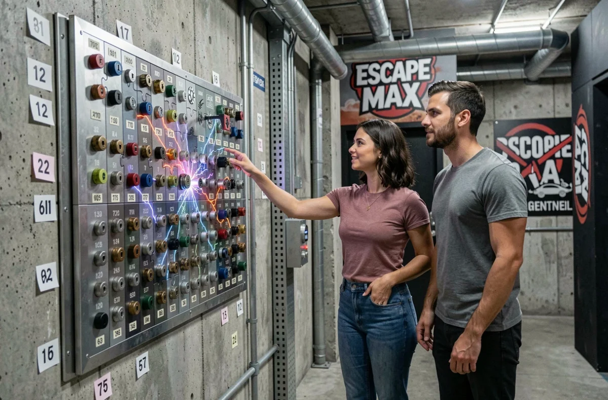 Deux joueurs résolvant un puzzle magnétique mural dans la salle Escape Max à Argenteuil