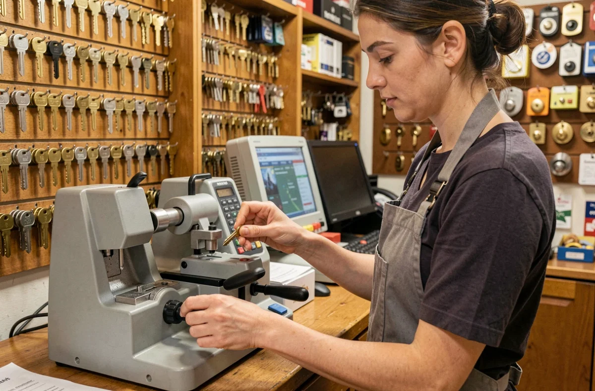 Technicienne d'Espace Clés Cognac réalisant la reproduction d'une clé sur machine de découpe professionnelle