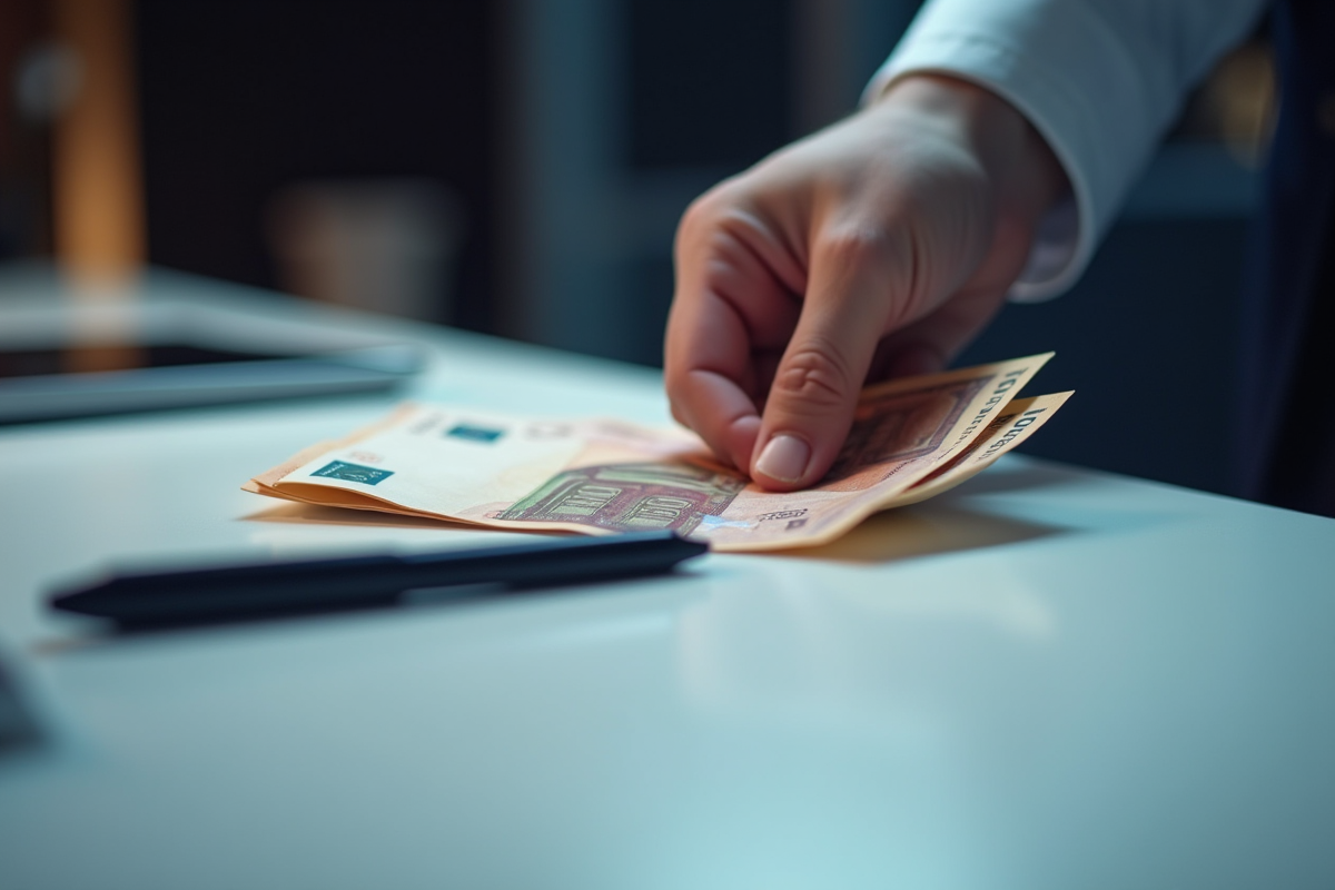 Main déposant des billets euros sur un bureau minimaliste avec gadgets