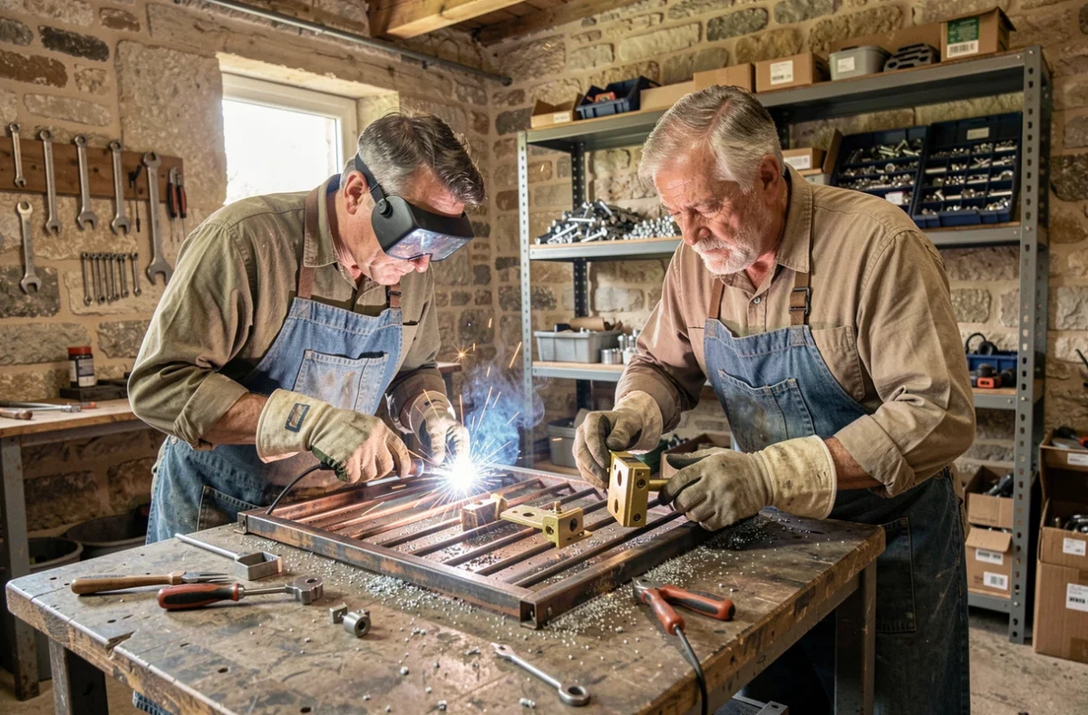Deux artisans des Établissements Moreau Serrurerie-Métallerie travaillant en atelier à Barbezieux