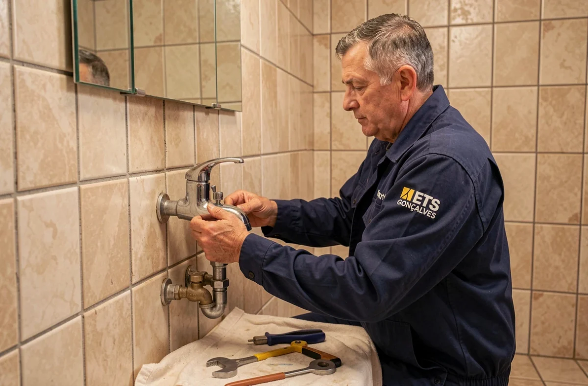 Artisan Ets Gonçalves remplaçant un robinet de salle de bain dans un appartement de Montreuil