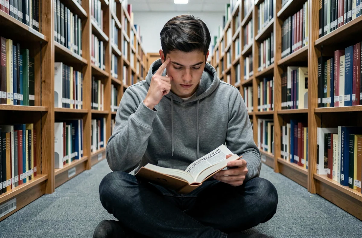 Jeune homme étudiant la grammaire française dans une bibliothèque universitaire avec un livre ouvert sur les genoux