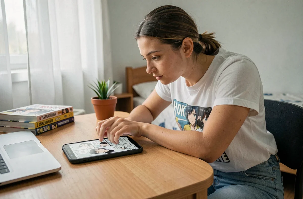 Jeune femme lisant un scan traduit de manga en VF sur mobile à son bureau d'étudiante