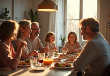 Famille multigenerational partageant un repas à Paris
