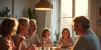 Famille multigenerational partageant un repas à Paris