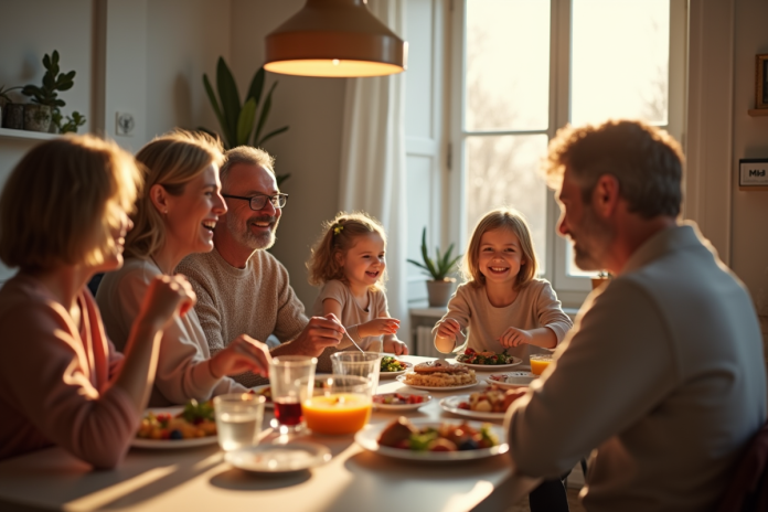 Famille multigenerational partageant un repas à Paris