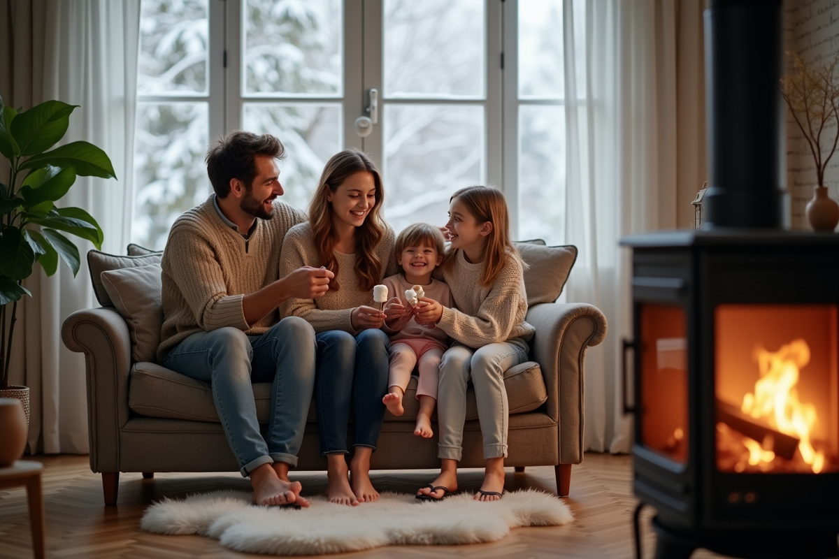 Famille rieuse toastant des marshmallows près du poêle