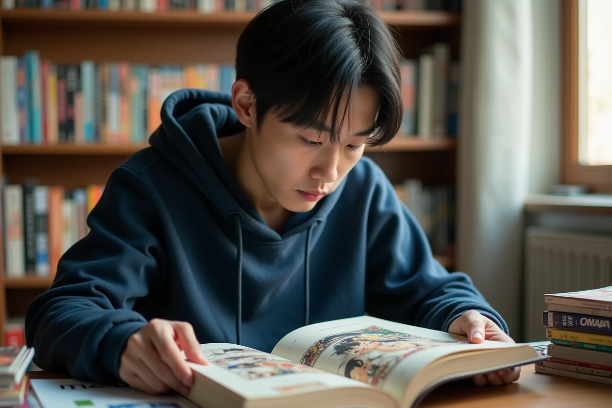 Jeune fan de manga lisant le scan One Piece 1149 VF assis à son bureau entouré de volumes manga