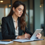 Progeliance, les atouts d’un compte pro Société Générale pour développer son activité Femme d'affaires travaillant sur une tablette dans un bureau moderne