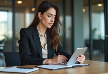 Femme d'affaires travaillant sur une tablette dans un bureau moderne