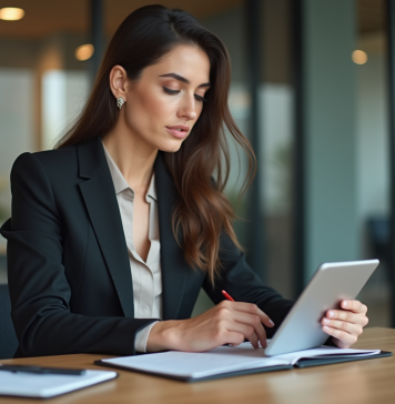 Progeliance, les atouts d’un compte pro Société Générale pour développer son activité Femme d'affaires travaillant sur une tablette dans un bureau moderne