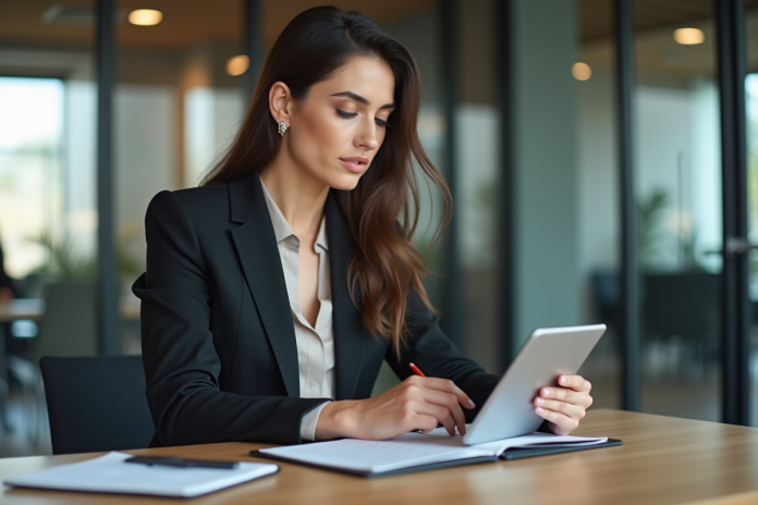 Femme d'affaires travaillant sur une tablette dans un bureau moderne