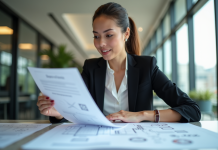 Femme d'affaires confiante examinant des documents officiels