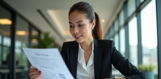 Femme d'affaires confiante examinant des documents officiels