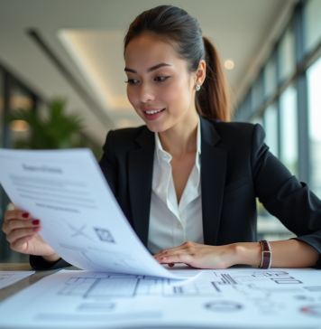 Femme d'affaires confiante examinant des documents officiels
