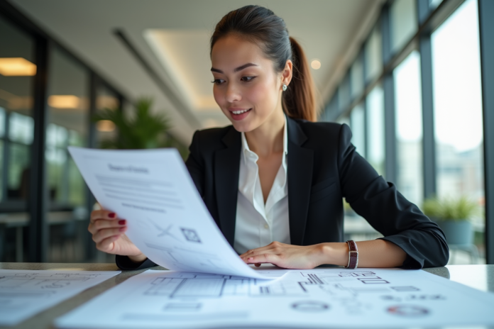 Femme d'affaires confiante examinant des documents officiels