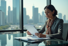 Femme d'affaires en costume gris dans un bureau moderne