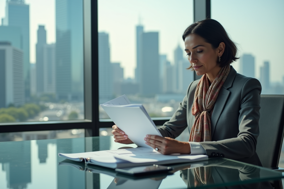 Femme d'affaires en costume gris dans un bureau moderne